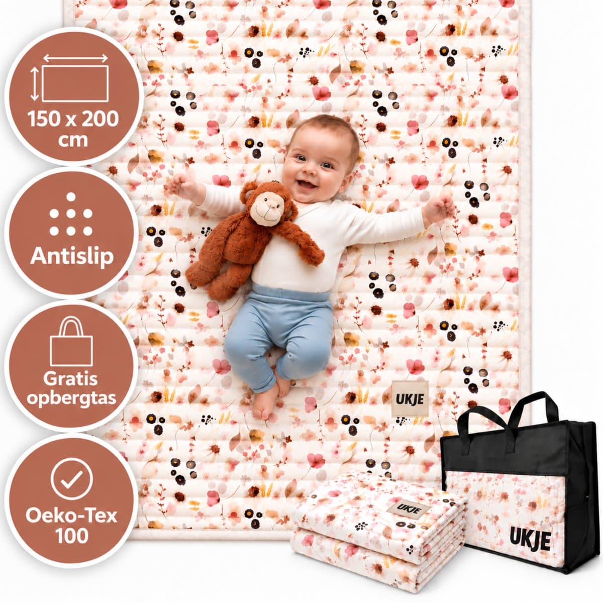 Speelkleed Ukje - Speelkleed Baby 150 bij 200 cm - Speelmat binnen en buiten - Speeltapijt - Opvouwbaar - Gecertificeerd veilig Oeko-Tex - Past perfect bij de Ukje hoezen - Wilde bloemen