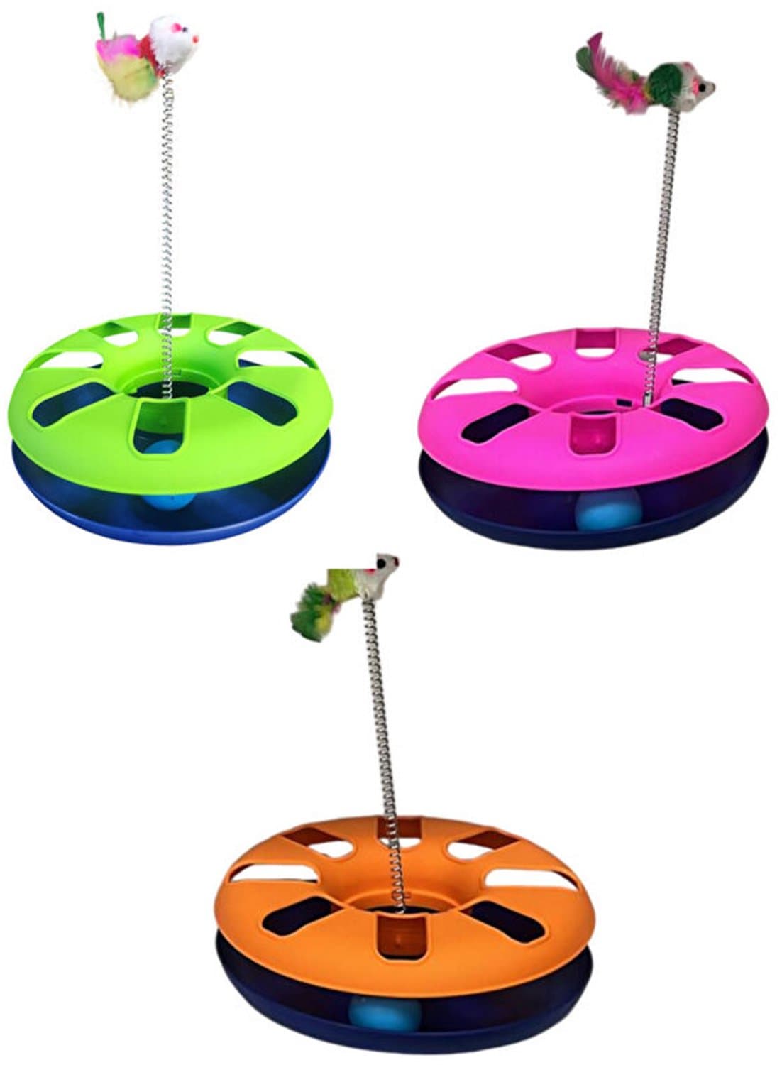 Jungengel Interactief Kattenspeelgoed Ballenbaan met Veer Muis - Kattenspeeltje Rond met Balletje en Pluche Muis - 26x34 cm Stabiel - Speelschijf Jachtinstinct Kitten Volwassen Kat - Kleur Varieert