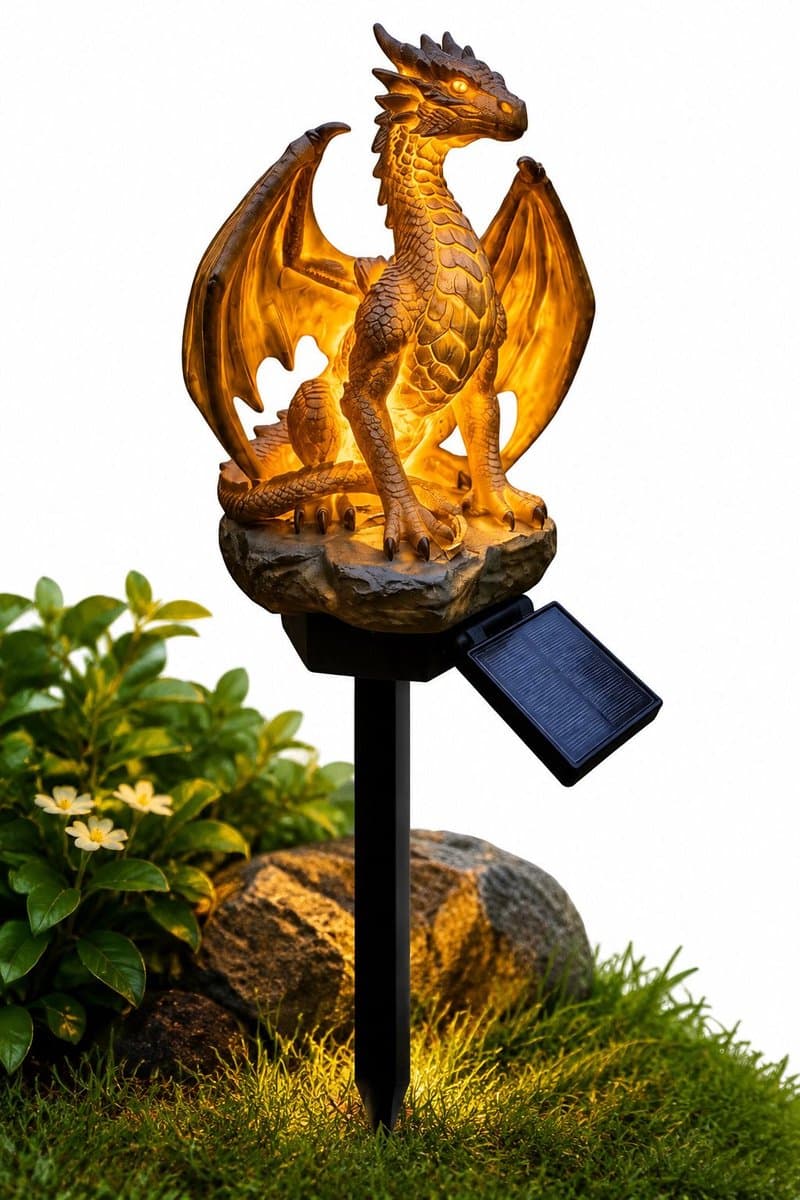 VHV - Tuinbeelden voor buiten - Tuinverlichting op zonneenergie - Drakenbeeld met solar LED-lampjes - Cadeau-beeldjes - decoratie voor gazon, terras en tuinpad