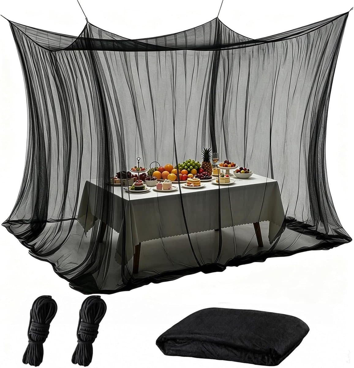 300 x 300 x 250 cm, XXL muggennet voor buiten, 220 mesh, fijnmazig met 1 deur, insectenwerend net voor paviljoen, tuin, terras, balkon, camping en bed, wit (zwart)