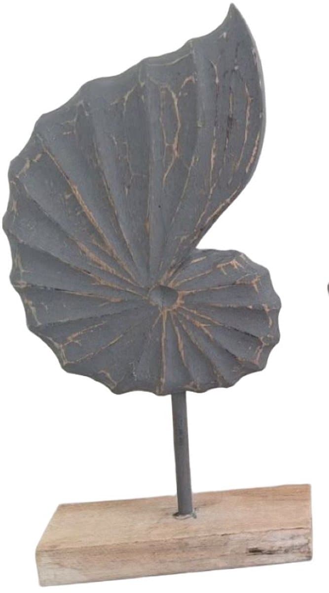 Houten ornament van schelp op voetstuk - staand - Maat L - 46x23 cm - antique grey - Woodart