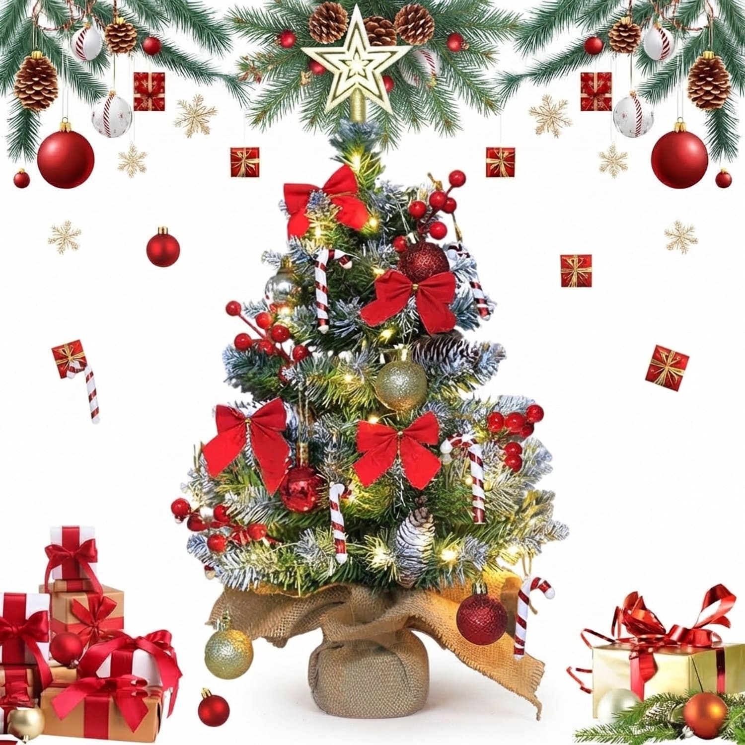 Livatto Kunstkerstboom 60 cm met LED-verlichting en decoraties – Mini kerstboom in jute zak