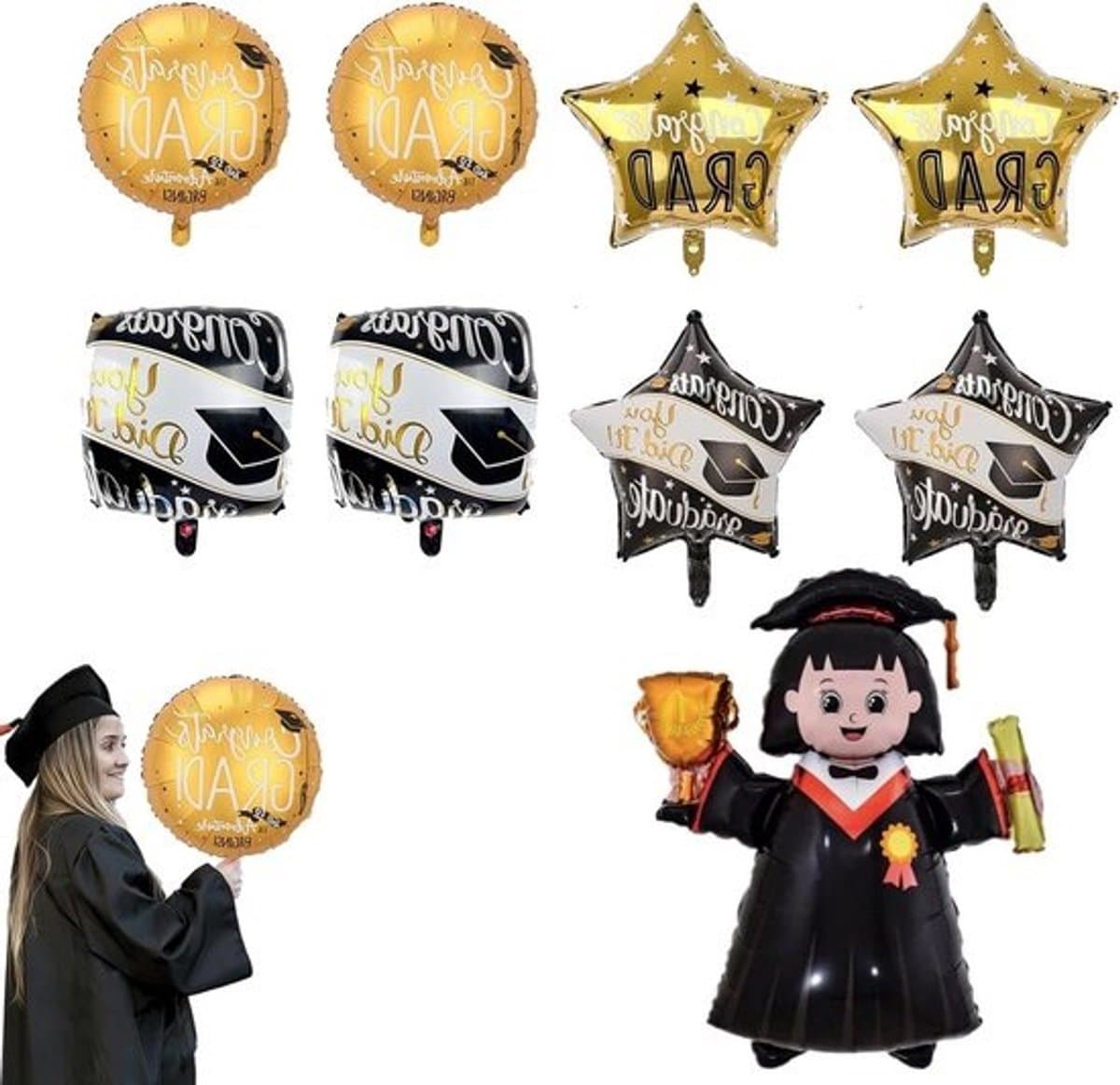 Afstudeerballonset - Feestdecoratieset - Feestelijke viering - Inclusief doctorballon - 9-delig - Goud zwart