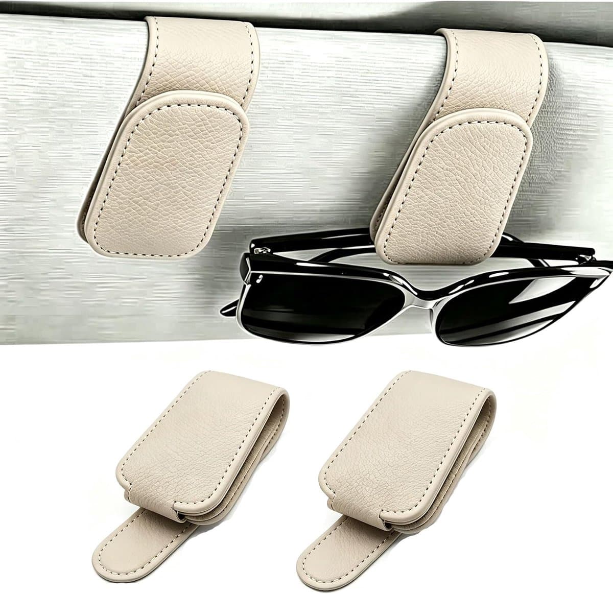Bril klem, universele auto bril klem, duurzaam, leer, auto bril klem, geschikt voor auto onderdelen, praktische geschenken, kleur: beige.