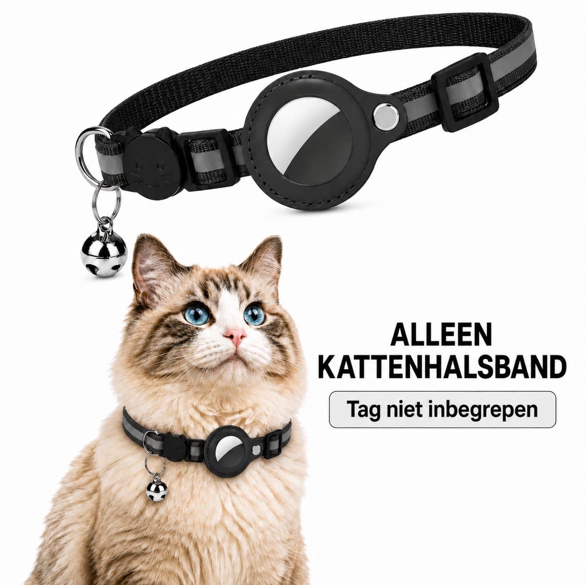 BlueTime ® - Kattenhalsband zonder Tag - Halsband Kat & Kitten met Kattenbelletje - Kattenbandje, Poes, Kattenriem air & Tuigje met Houder - Zwart