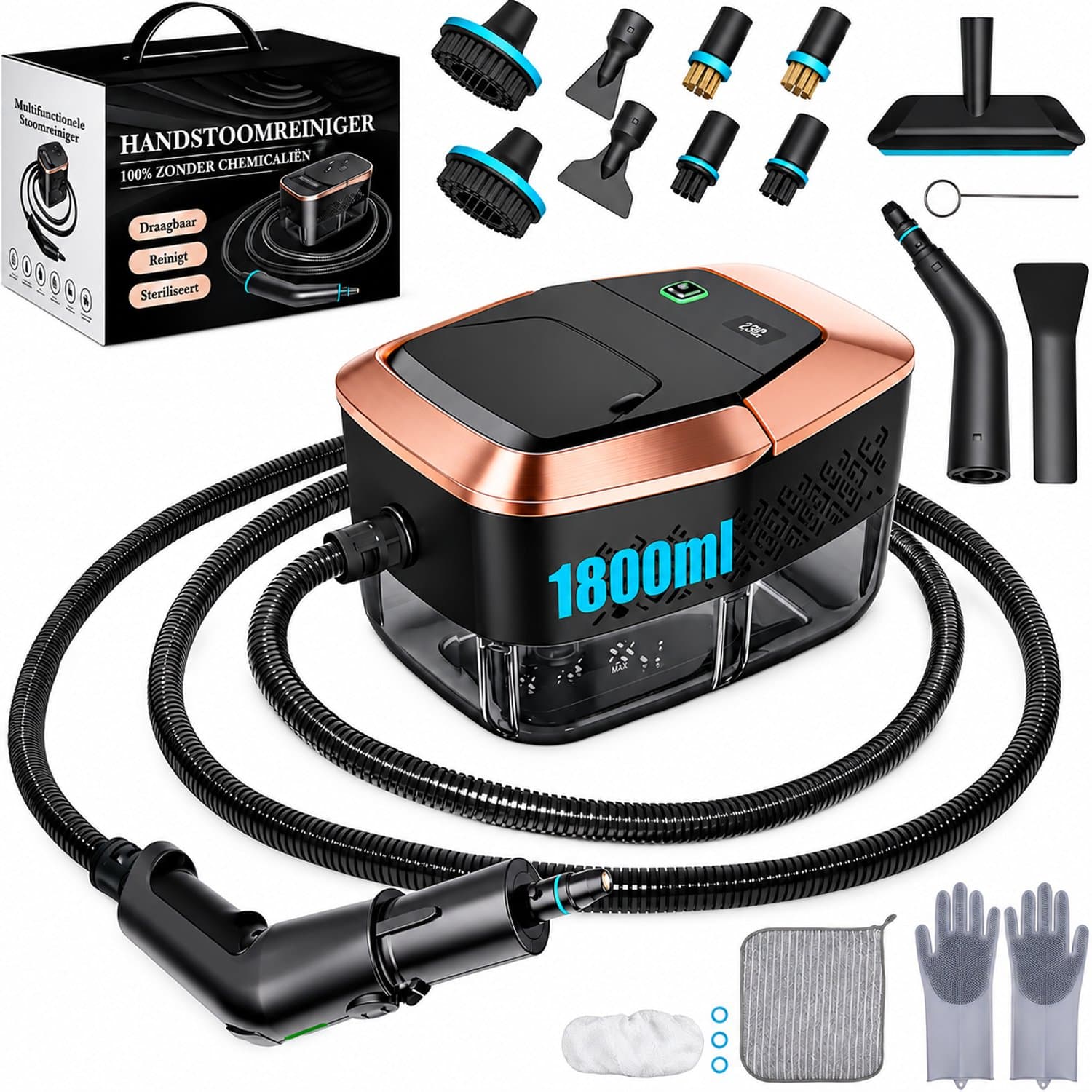 ZOSUDULL-Stoomreiniger-in 15 sec. warm en 3 standen op de handgreep-Stoomreiniger bank-1,8L-reservoir direct navulbaar-4 bar, 145 °C-Voor keuken, badkamer, voegen en auto-1500 W - Zwart/koper