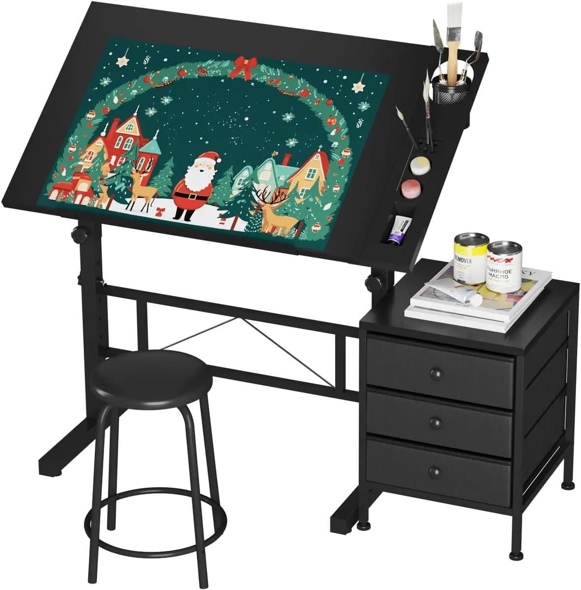 Nyoz kantelbare tekentafel - Bureau - Tekenbureau - 0° tot 60° verstelbaar - Hoogte 70-90 cm - Inclusief kruk - Met opbergvakken