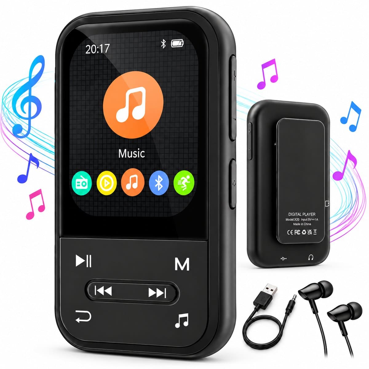 ZOSUDULL-MP3 speler - MP3 speler Bluetooth 5.3 met clip - 32GB geheugen - Uitbreidbaar tot 128GB - 2,01 inch scherm - Tot 40 uur speeltijd - FM-radio - Recorder - Stappenteller - Inclusief oordopjes - Zwart