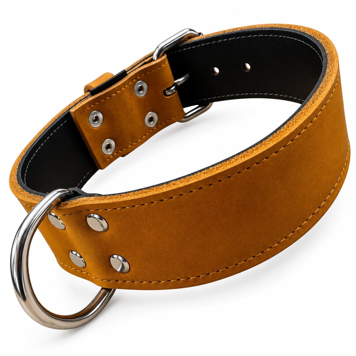 K9 World, honden halsband, cognac bruin leder, dubbel gestikt, 5cm breed, 50-60cm