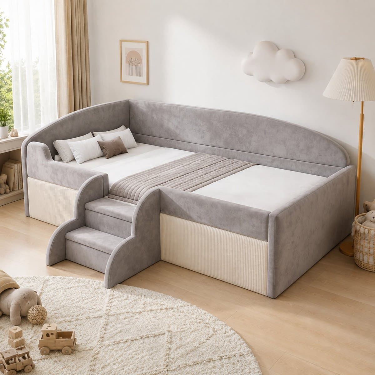 Gestoffeerd Kinderbed 90x190 Cm - Multifunctioneel Bed Met Stappen En Beschermranden - Lattenbodem - Stof - Grijs - Zonder Matras