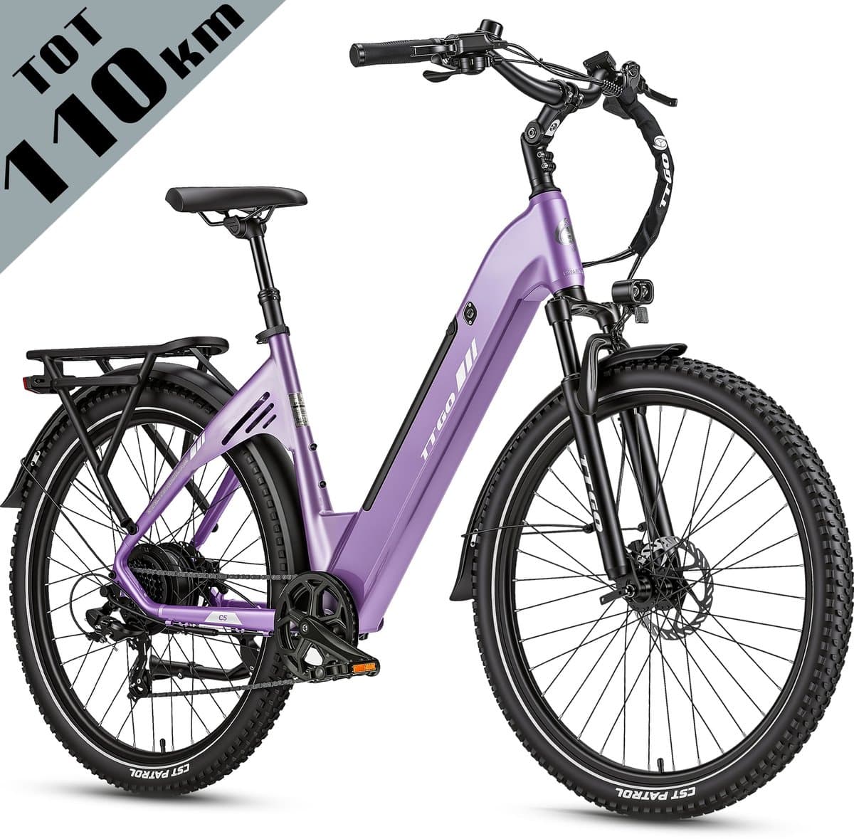Elektrische Fiets TTGO C3 - 36V 18AH Accu - Actieradius Tot 120 Km - 28×2.0 Inch Wielen- Aluminium Lage Instapframe -Shimano 7 Versnellingen - Mechanische Schijfremmen - LCD Display - Elektrische Stadsfiets - paars