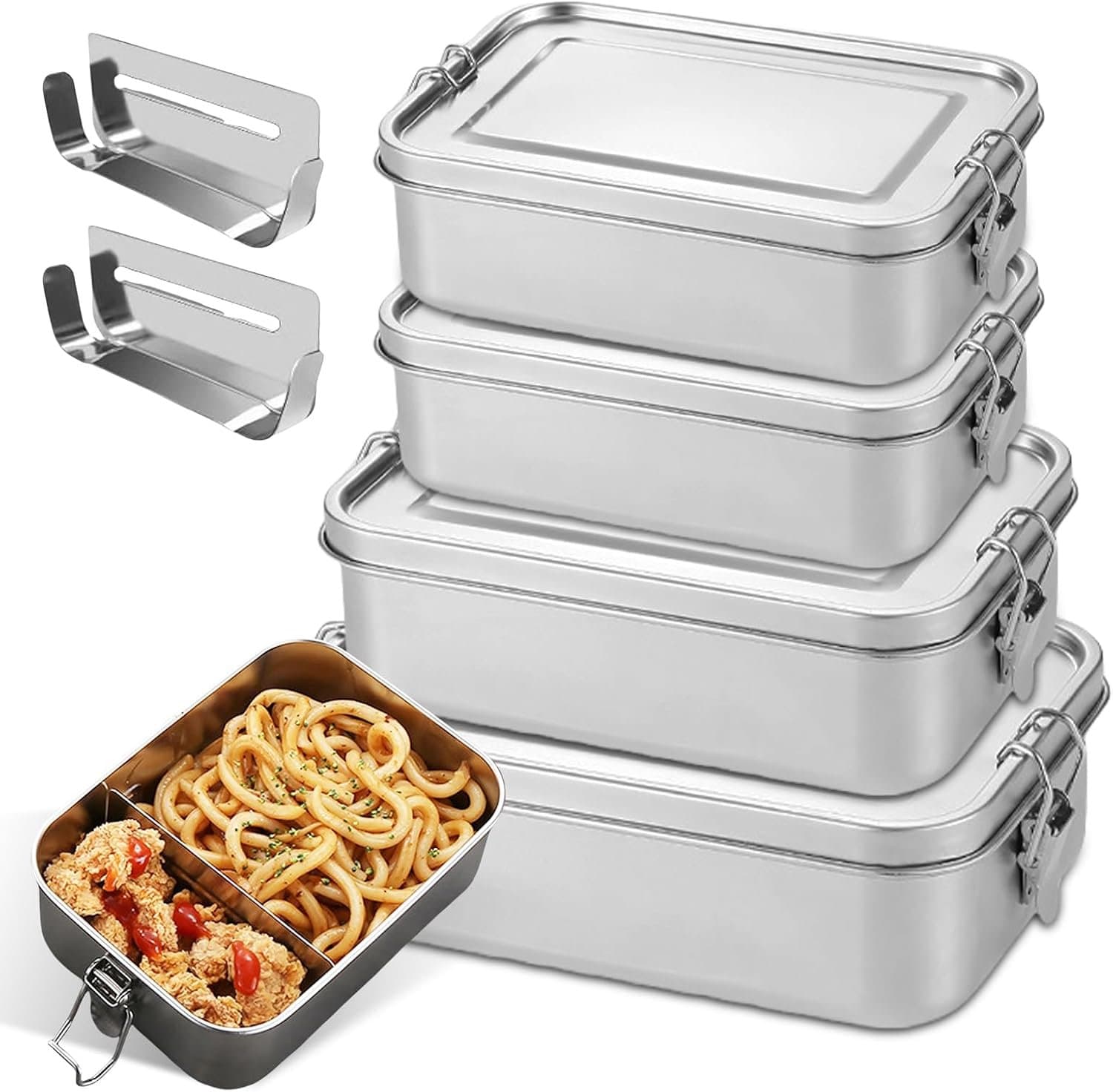 Thijox - 4 Stuks Roestvrij Stalen Broodtrommels met Vakken, Lunchboxen 550ml, 850ml, 1400ml, 304 Staal Bento-boxen voor Soep, Salade en Tussendoortjes