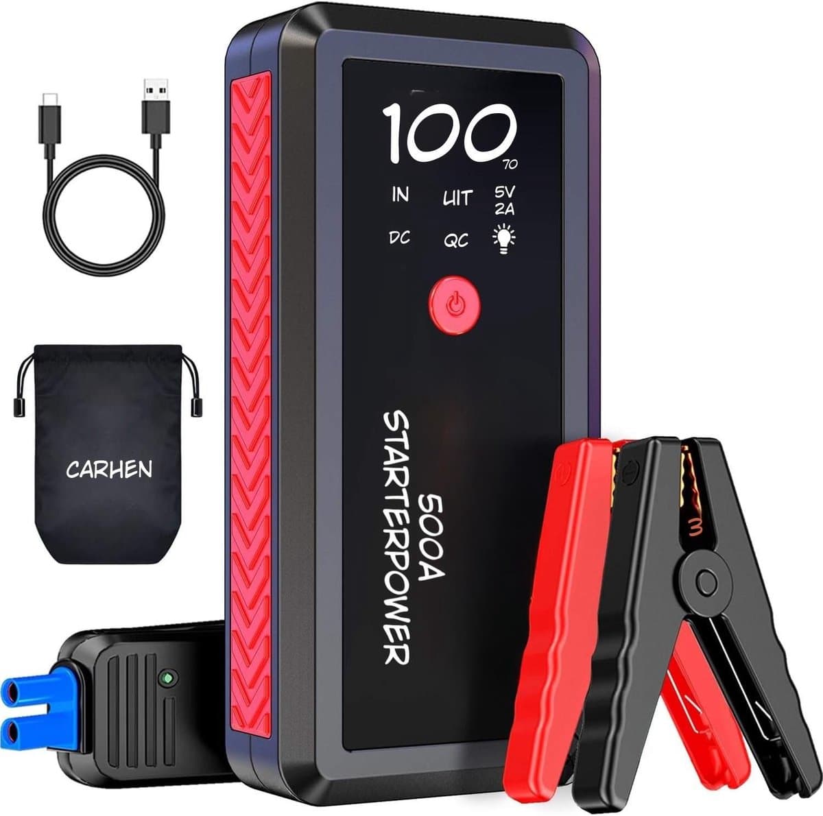 Kavora Jumpstarter - 10L - Startpakket Voor Auto’s - Startversterker - Zwart/Rood - 21cm x 11cm x 10cm