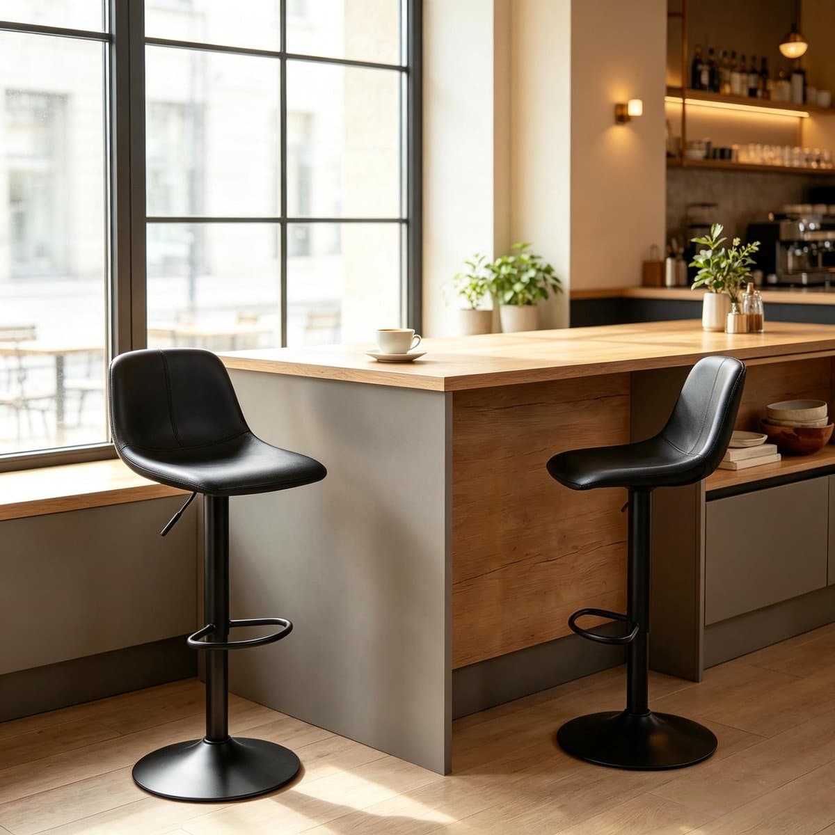 REDOM - Barkruk set van 2 - Hoogteverstelbaar - 360° draaibaar met rugleuning en voetensteun - Kunstleer - Zwart - 37 x 44 x 82-104 cm