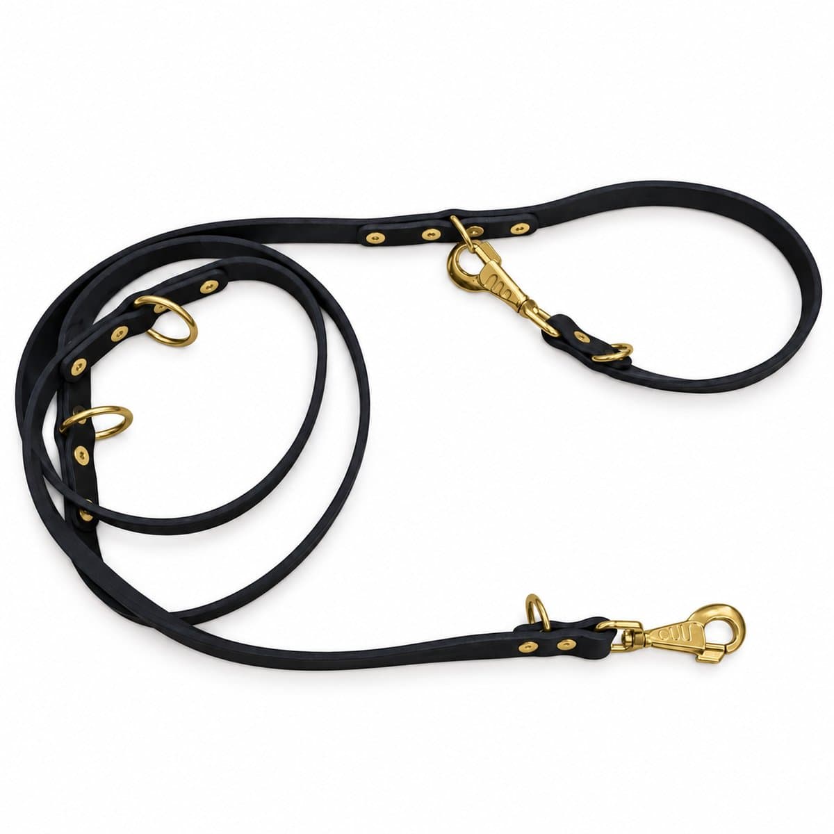 K9 World, verstelbare hondenriem, zwart leer, messing beslag