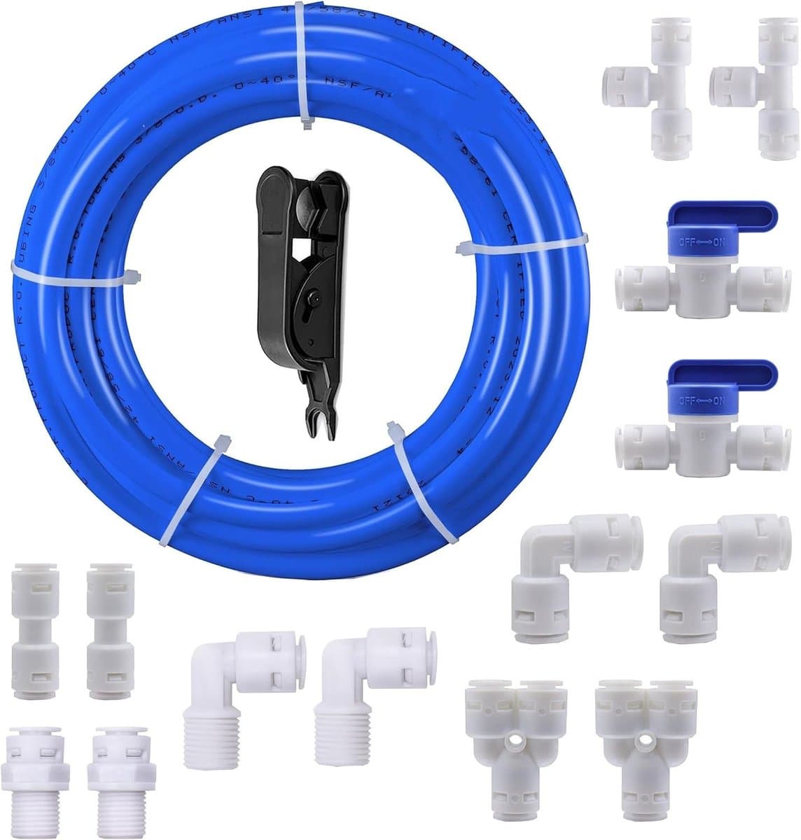 10 meter Universele Aansluitset voor RO Waterfilter, 14-delige Fittingen voor 9.53mm Slang, Inclusief Afsluitklep en Zwart Slangenschaar, Ideaal voor Koelkast en Waterdispenser