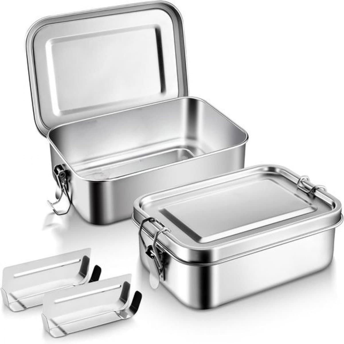 RVS Lunchbox 850 ml - 16,5 x 12,1 x 6 cm - 2 stuk - 2 compartimenten, lekvrij, zilver - Picknick, school, werk