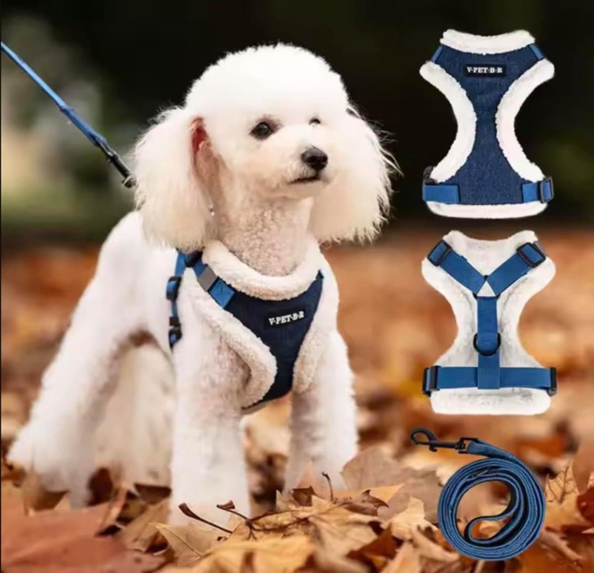 EYZ Luxe winterset met warm, zacht gevoerd hondentuig en riem - schattig hondentuig - spijkerstof tuig voor kleine honden, puppy's, grote en middelgrote rassen - anti-trek verstelbaar tuig voor jongens en meisjes S