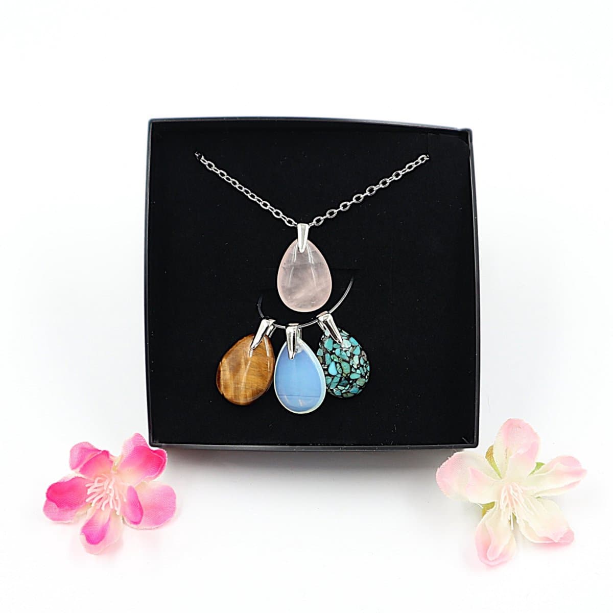 Gemstone set ketting en 4 hangers KIDS (Tijgeroog, Roze kwarts, Turkoois, Opaal glas)