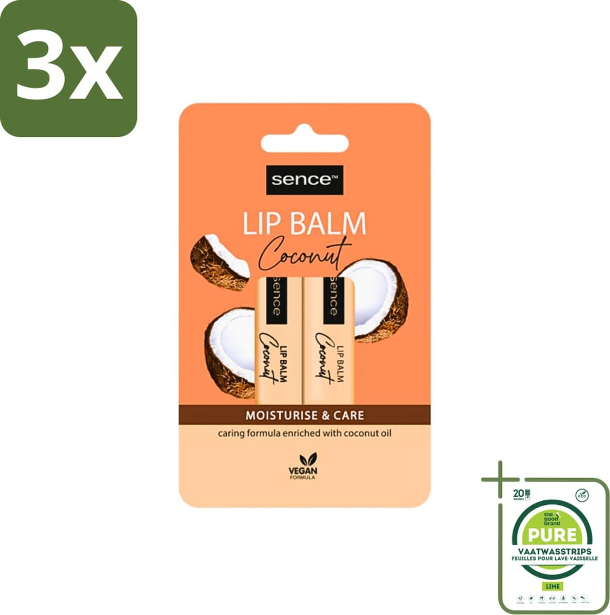 3 x Sence - Moisturise & Care - Lippenbalsem Duo - Verzorgend - 2 x 4,3 g - Grootverpakking - Lipbalsem - Kokos - Lippenverzorging - Droge Lippen - Gehydrateerde Lippen