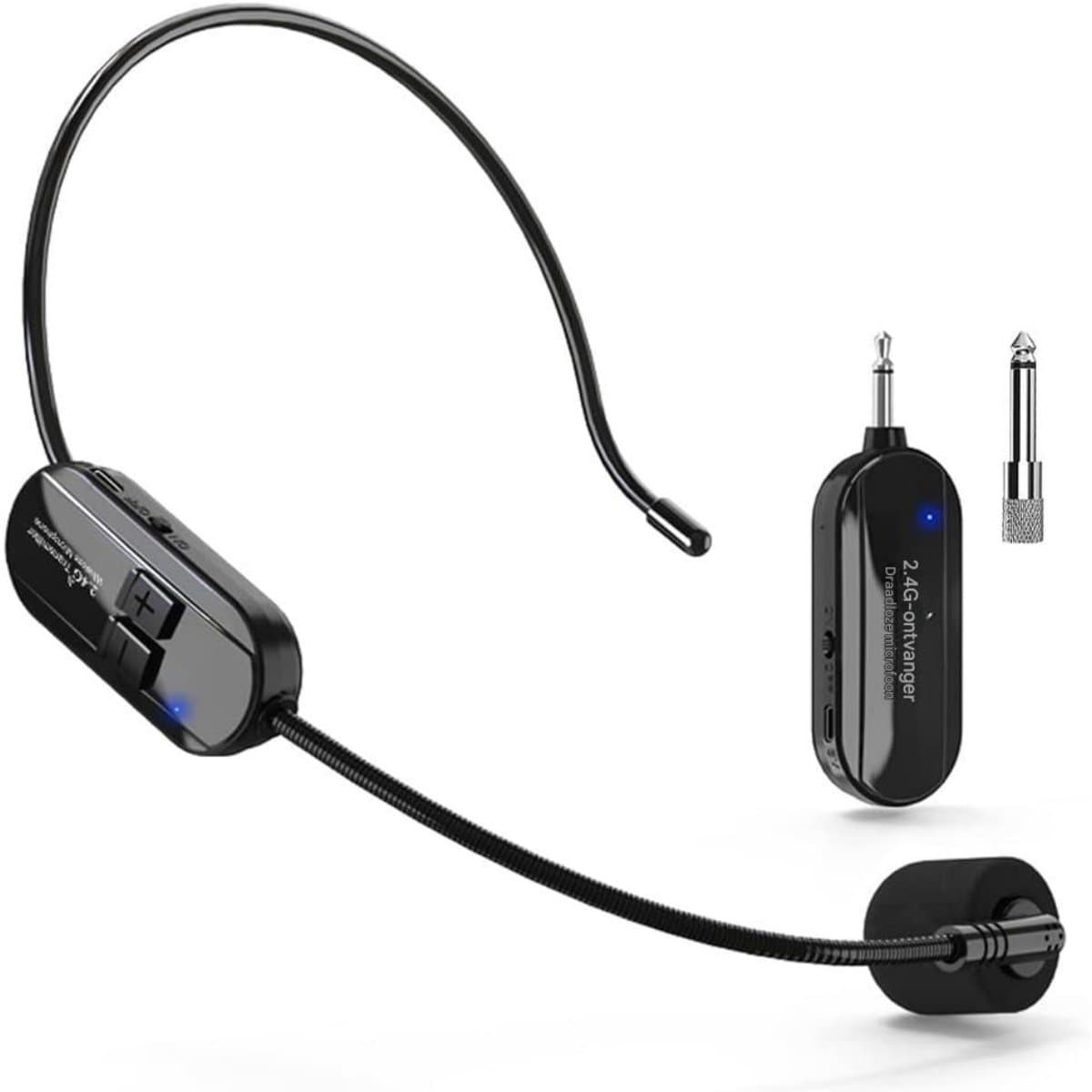 Draadloze microfoonheadset - 2,4 GHz draadloze microfoonheadset - Zendbereik van 50 meter - Oplaadbaar - Draadloze microfoon voor over het oor - Geschikt voor sprekers, gidsen, fitnessinstructeurs en dansinstructeurs.