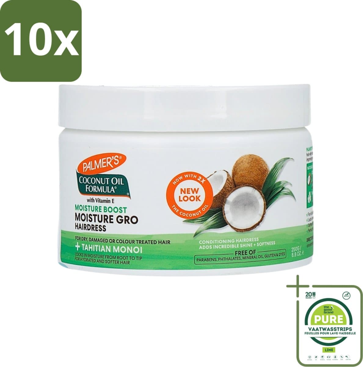 10 x Palmers - Cremespoeling - Coconut Oil - Condit Pot - 250 ml - Grootverpakking - Kokosnoot Conditioner - Haarkonditioner - Vocht Conditioner - Haarverzorging - Droog Haar