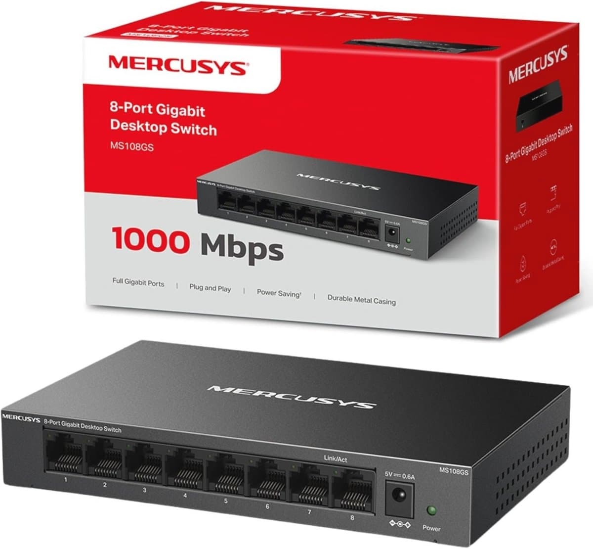 8-poorts Gigabit computerschakelaar - 10/100/1000 Mbps, Plug & Play, Energiebesparing, Metalen Behuizing