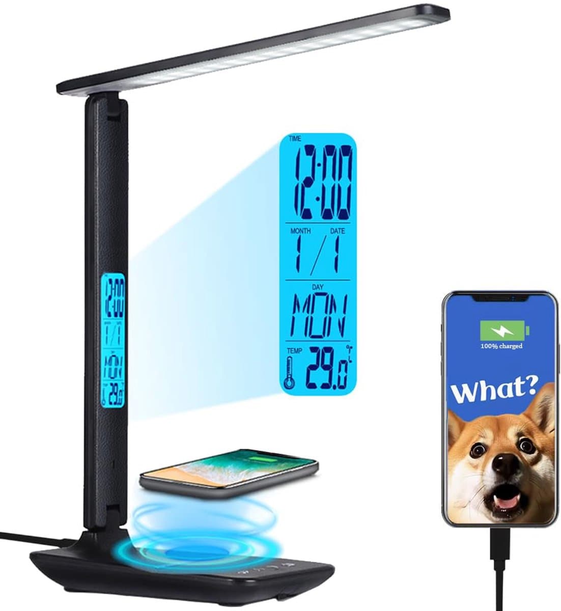 Gloovon® - Bureaulamp LED - Leeslamp Staand - Draadloos Opladen Voor Telefoon - Opvouwbaar – Smart Touch - Telefoonhouder - Qi Technologie - Zwart（met adapter)
