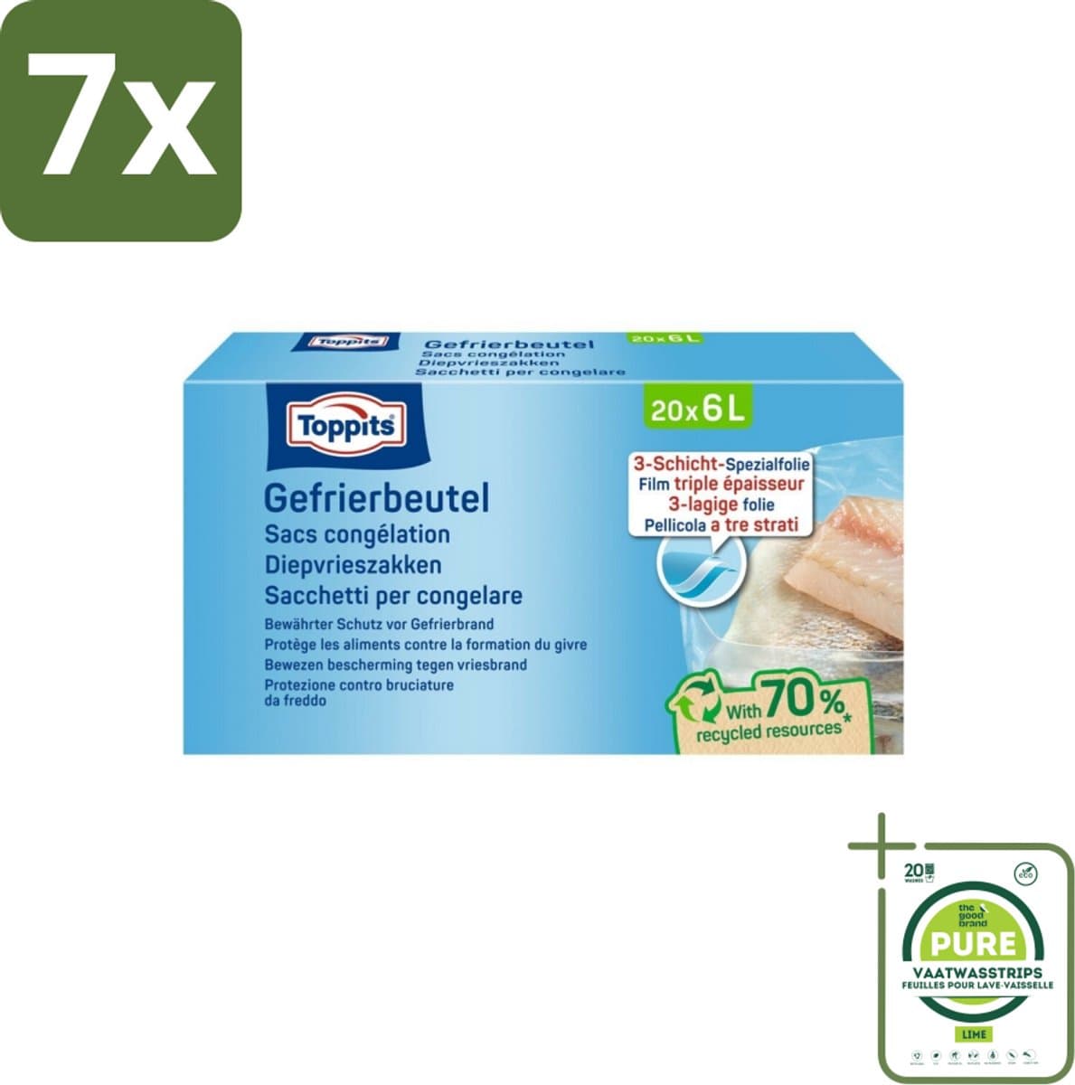 7 x Toppits – Diepvrieszakken – 6 Liter – 20 Zakjes - Grootverpakking - Diepvrieszak - Diepvrieszakjes - Diepvriesvoorraad - Vriezen - Voedsel Bewaren