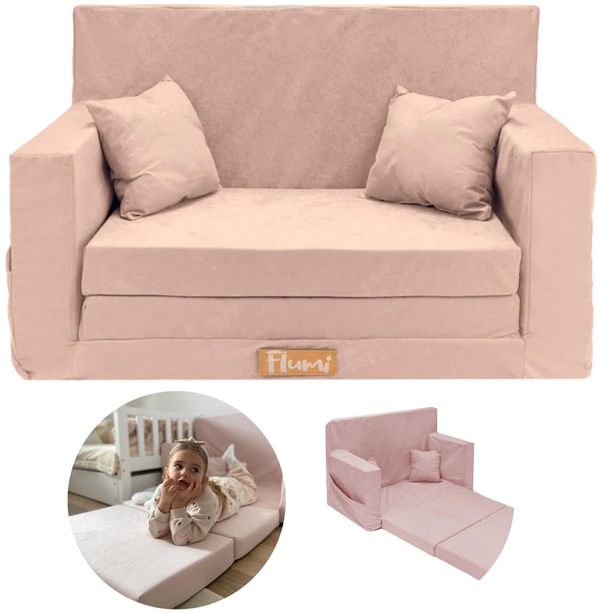 Flumi opvouwbare mini kindersofa – zachte kinderbank met uitklapfunctie en afneembare hoes, roze