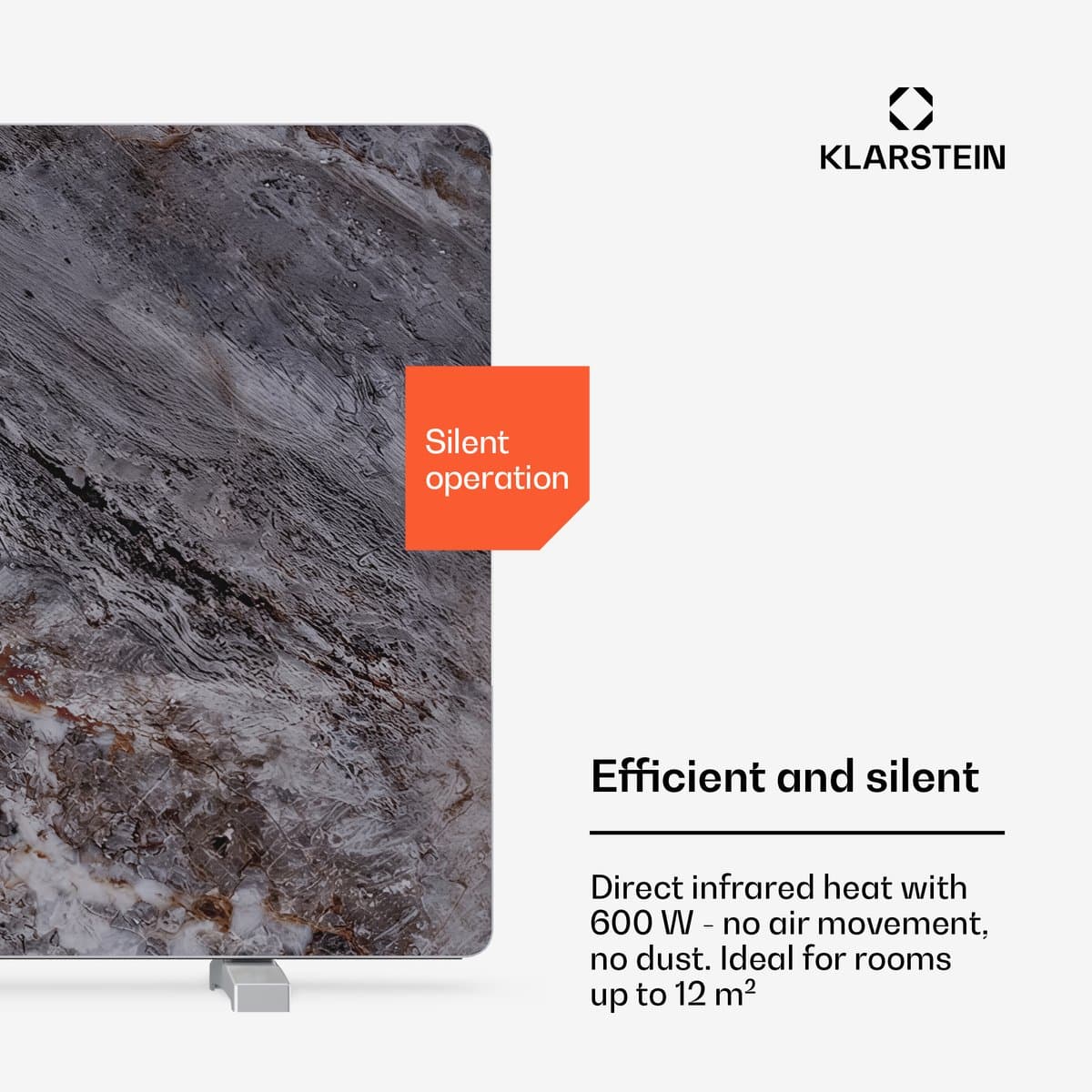 Klarstein infrarood paneelverwarming 600 W – aan de muur of losstaand te gebruiken, met slimme app en afstandsbediening, marmeren look, thermostaat, timer, kinderslot, IP43, voor ruimtes tot 12 m², grijs