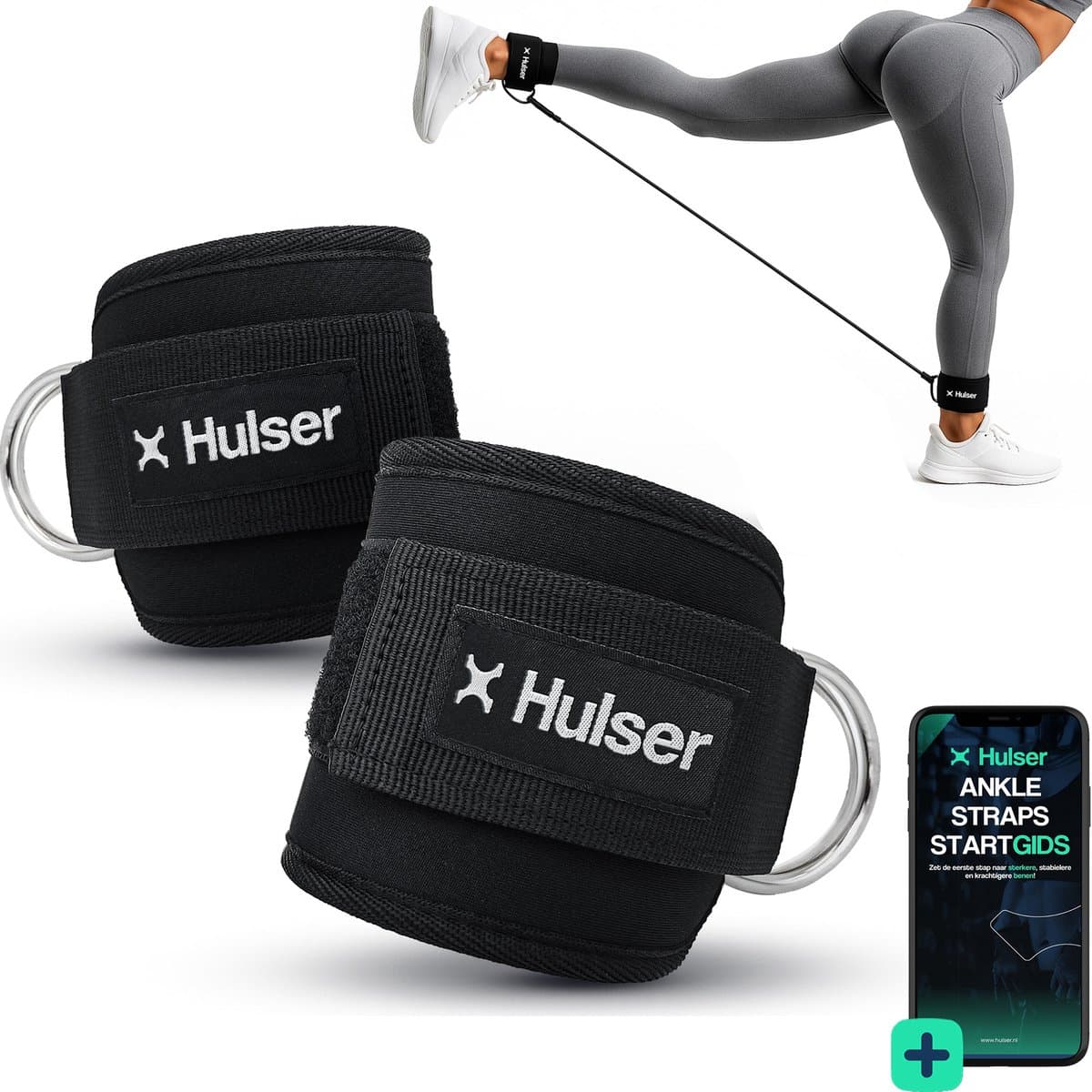 Hulser Ankle strap - 2 Stuks - Met digitale startgids - Zwart - Enkel straps - Enkelband Cuff - Fitness band - Krachttraining & Lifting met o.a. kickback