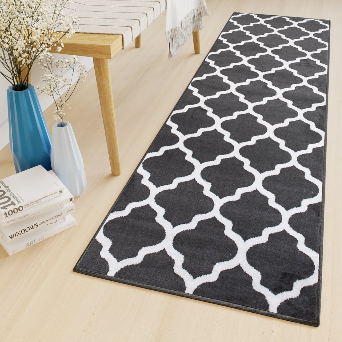 Tapiso Luxury Tapijtloper Grijs Donker Marokkaanse Trellis Gang Woonkamer Vloerkleed Maat- 80x1150