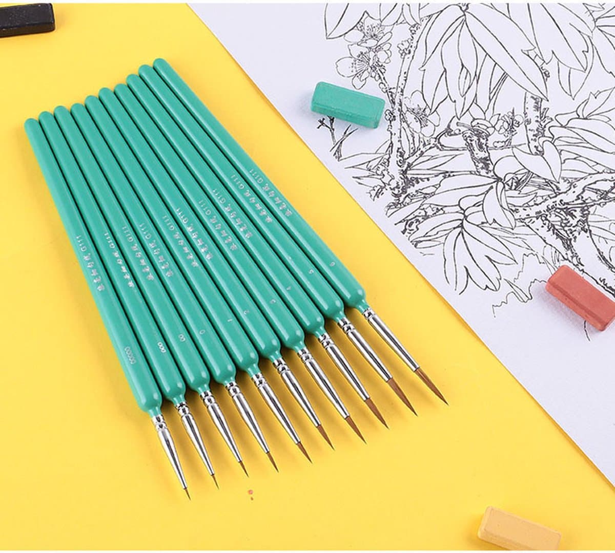 Penselenset - Penselen - 10-delig - Verfset - Kwastenset - Dunne penselen -Groen - Verven - Schilderen - Acryl - Olieverf