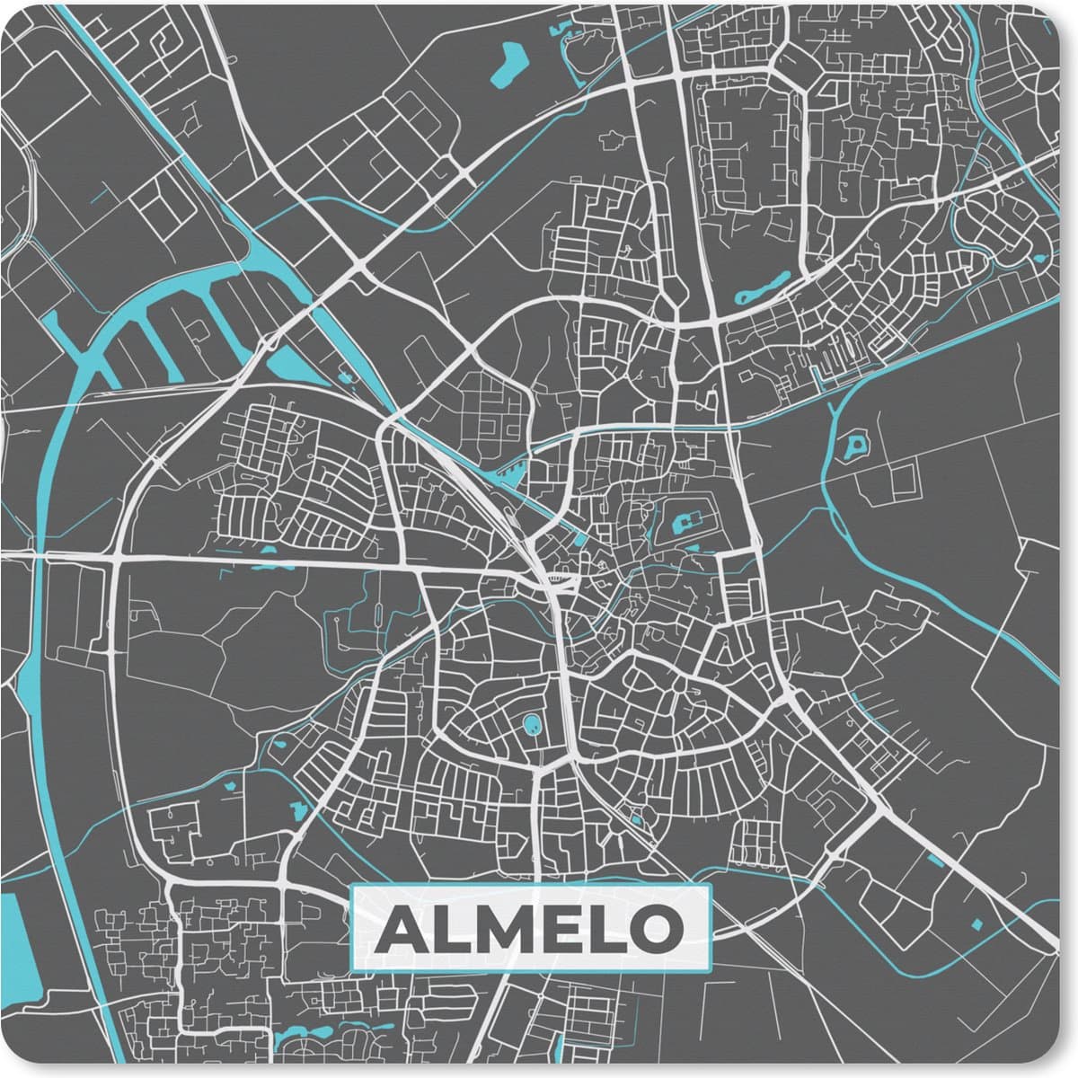 Muismat XXL 60x60 cm - Bureau onderlegger - Bureau mat Plattegrond - Almelo - Grijs - Blauw - Bureaumat - Gaming mousepad xl - Bureaulegger groot - Computer deskmat - Stadskaart
