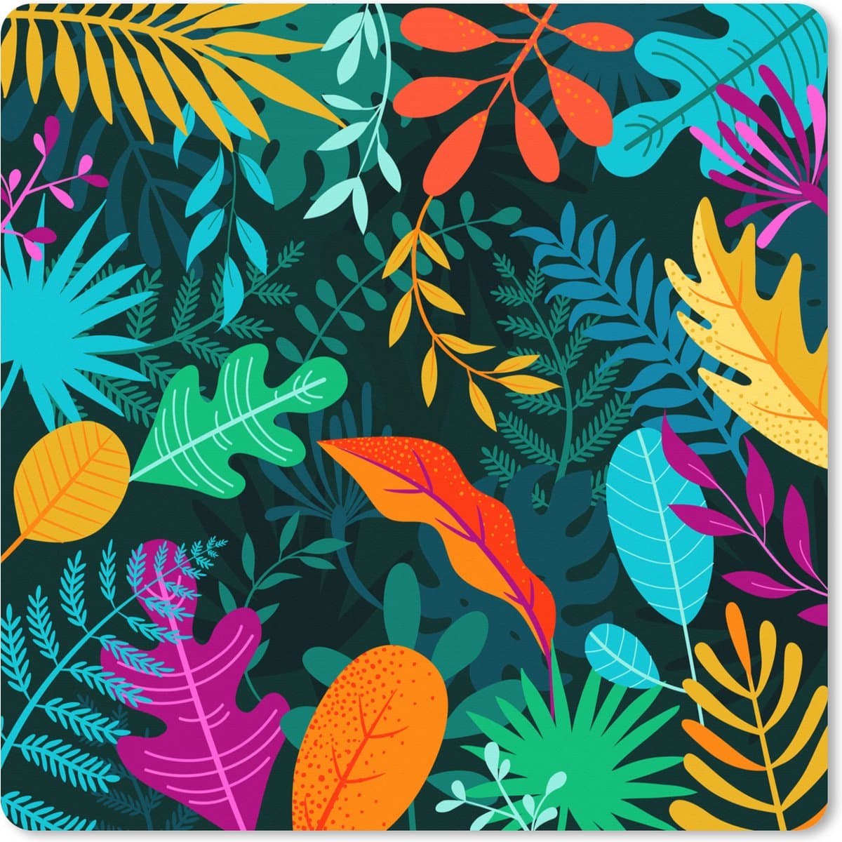Muismat XXL 60x60 cm - Bureau onderlegger - Bureau mat Jungle - Bladeren - Kleuren - Jongens - Meisjes - Kinderen - Bureaumat - Gaming mousepad xl - Bureaulegger groot - Computer deskmat