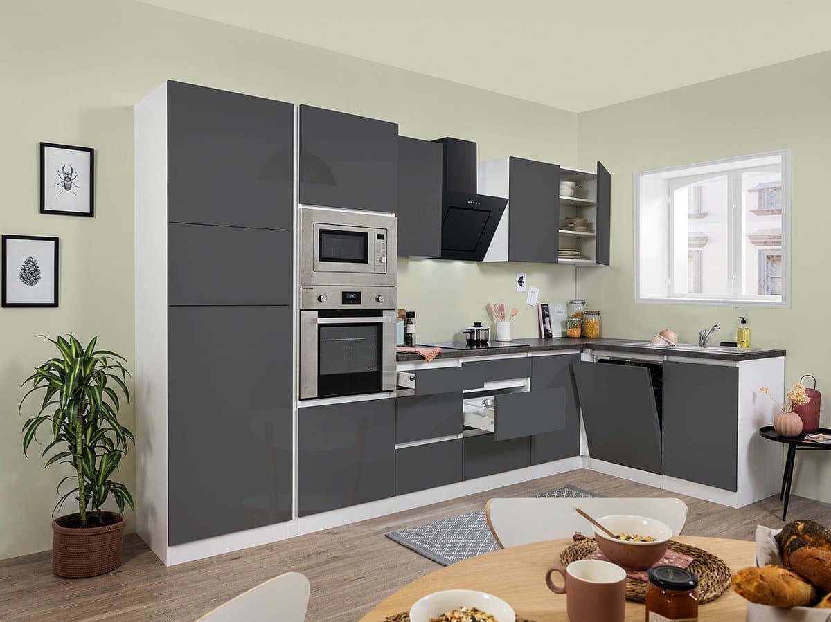 Hoekkeuken 345  cm - complete keuken met apparatuur Lorena  - Wit/Grijs - soft close - keramische kookplaat - vaatwasser - afzuigkap - oven - magnetron  - spoelbak