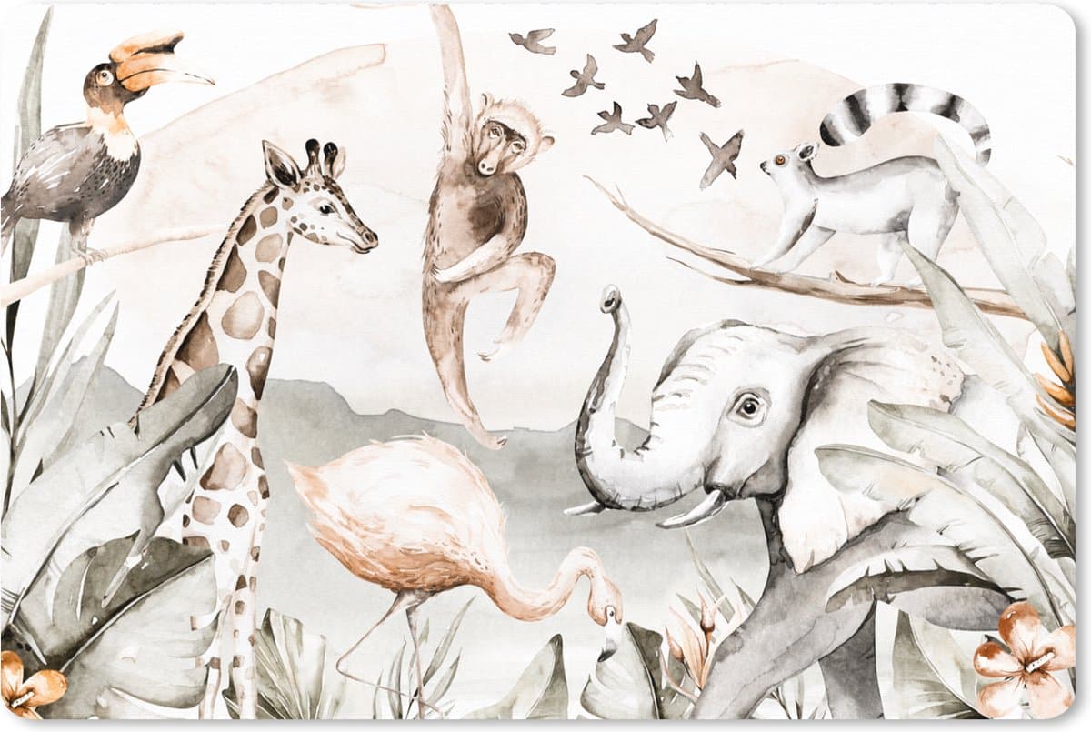 Muismat XXL 90x60 cm - Bureau onderlegger - Bureau mat Aquarelverf - Dieren - Jungle - Jongens - Meisjes - Kinderen - Kind - Bureaumat - Gaming mousepad xl - Bureaulegger groot - Computer deskmat