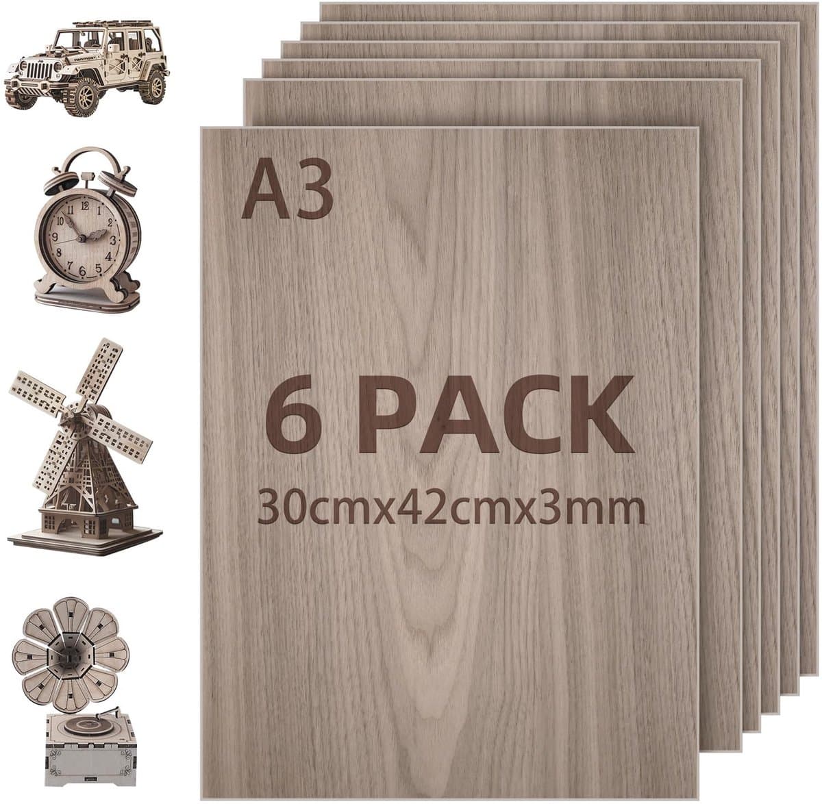Dailygoods- Multiplexplaten 3 mm - Walnootplank - 6 Stuks - 30 x 42 cm - Lasergesneden Hout - Ideaal voor Lasergravure/CNC-snijden - Triplexplaten