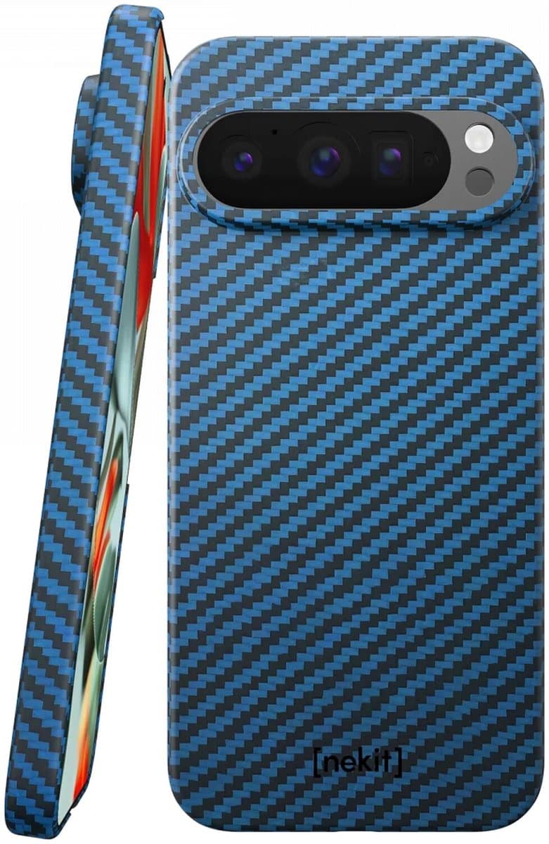 NEKIT Fiber Hoesje Geschikt voor Google Pixel 9 Pro XL - Compatibel met MagSafe - High-tech Kevlar Aramidevezels 1500D - Back Cover Ultra Dun - Blauw