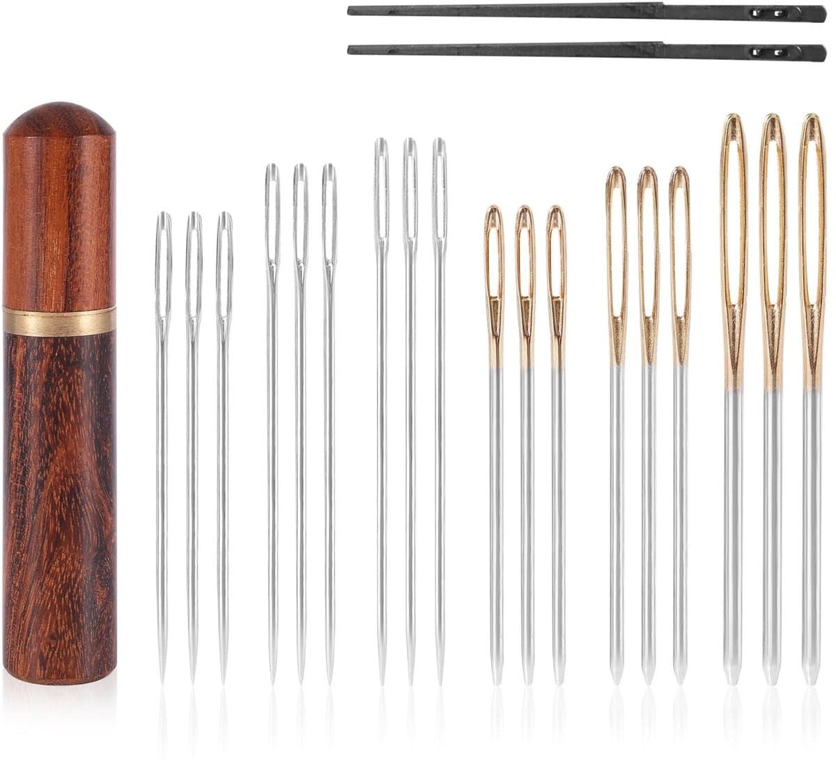 Dailygoods- Borduurnaald Set van 20 - Scherpe/Stompe Naalden - Leren Naalden - Houten Koffer - Staal/Sandelhout - Voor Quilten/Weven