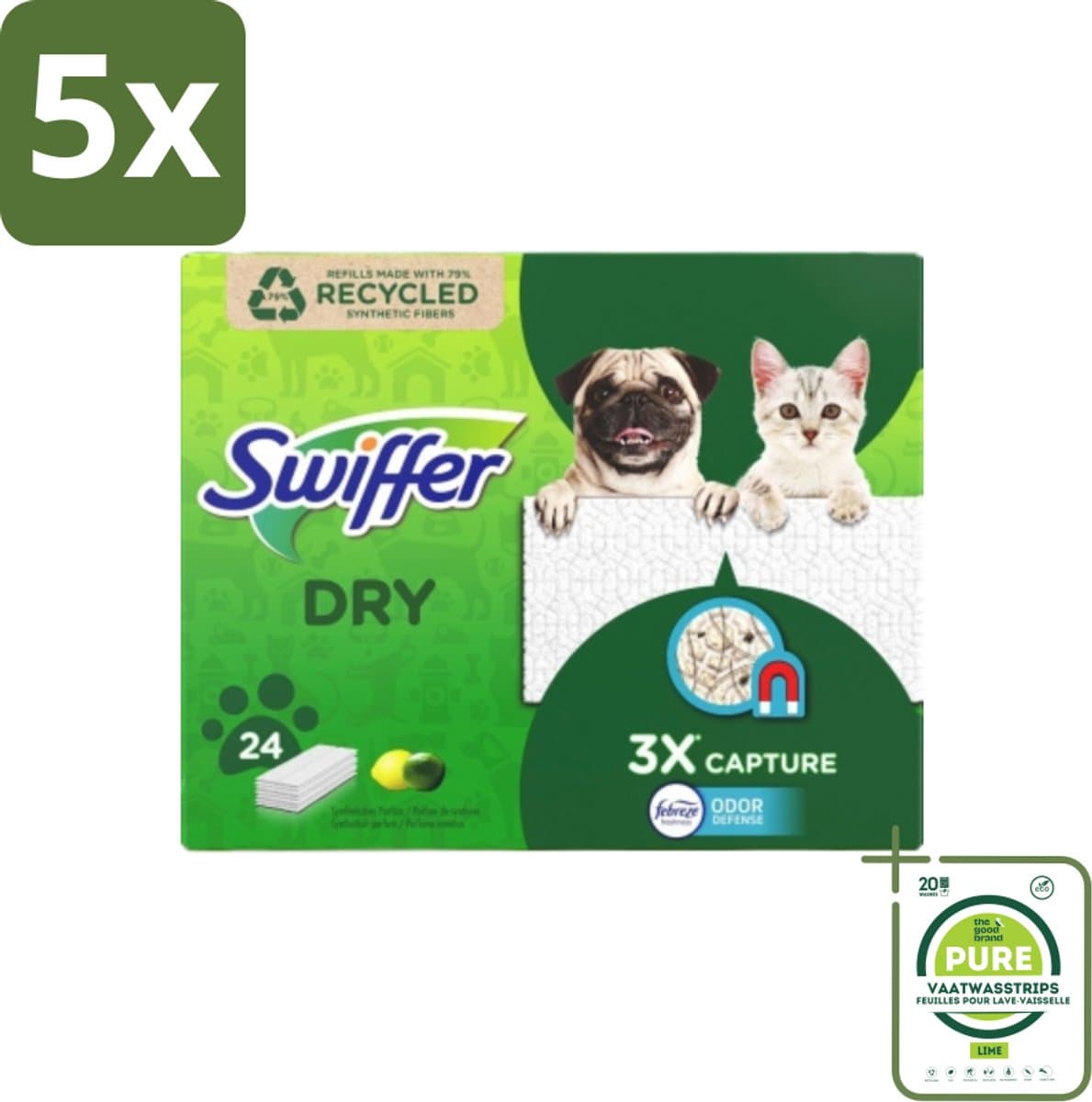 5 x Swiffer Dry - Vloerdoekjes - Navulling - Febreze Citroengeur - 24 Doekjes - Grootverpakking - Vloerdoekjes - Stofzuigen - Schoonmaken - Vloerreiniger - Navulling
