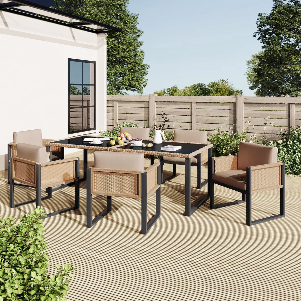 MIVRAY Tuinset 6 Persoons - Rechthoekige Eettafel Met Gehard Glas - Voor Tuin En Terras - Rattan En Polyester - Zwart Bruin