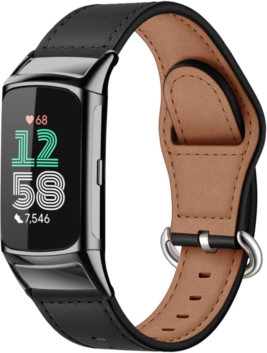 Thijox - Leren Armband Compatibel met Fitbit Charge 6/5 - Premium Zwart Kunstleer Reserveband voor Dames en Heren - Zacht en Ademend Design - Ideaal v