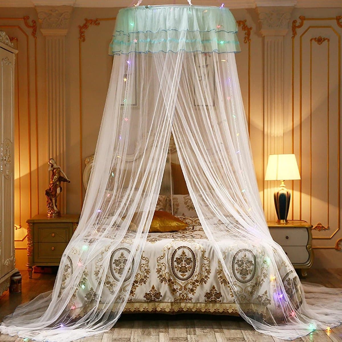 Bedhemel met verlichting - Muggennet hemel - Slaapcomfort verbeteren - Inclusief ster lichtslingers - 230 cm hoog - Wit