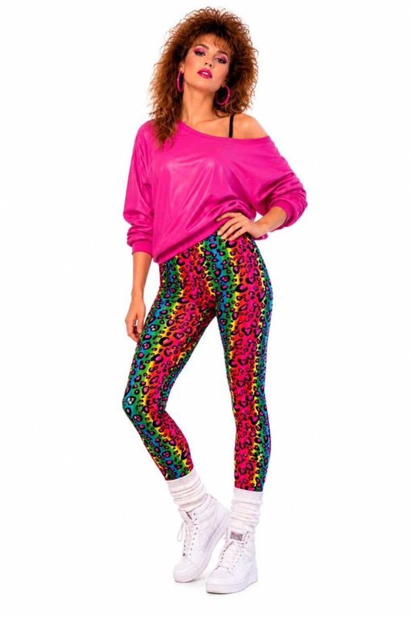 Neon Luipaard Legging Dames – Premium Kwaliteit – Jaren 80 Disco Legging – Retro Fitness & Carnaval - Maat large