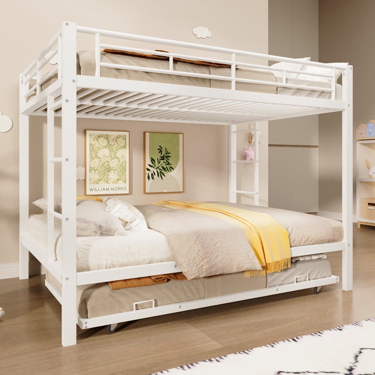 Wishdor Stapelbed 140x200 cm - Met uitschuifbed - Hoge veiligheidshekken - Voor meerdere kinderen - Modern minimalistisch - Kinderkamer slaapkamer - Metaal - Wit
