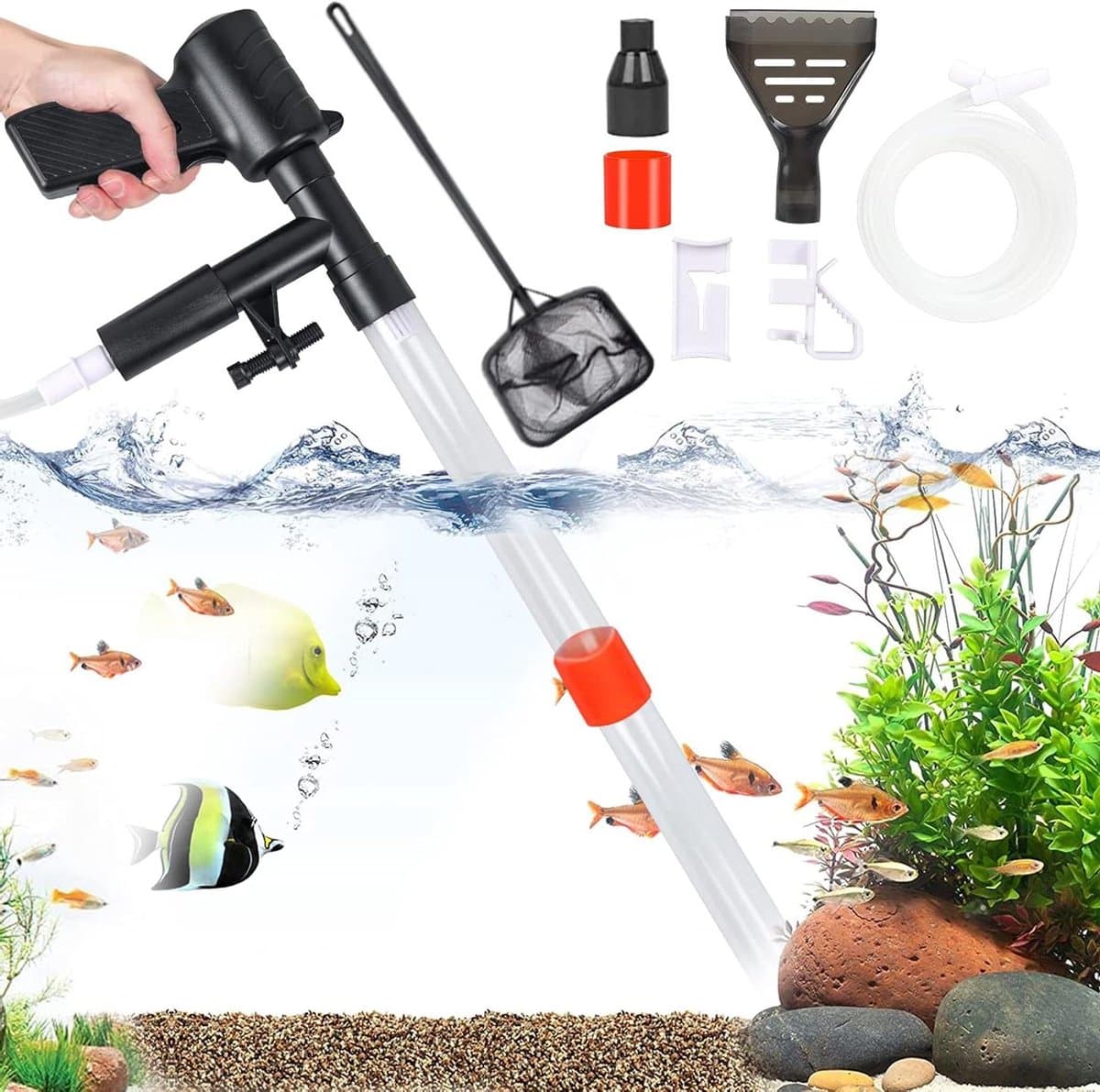 Aquarium Water WIsselaar - Mulmstofzuiger Kit - Aquarium Onderhoud - 5-in-1 Multifunctioneel - 220cm Slang - Grijs