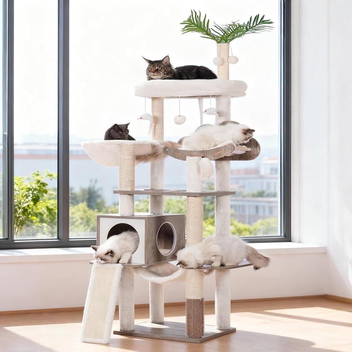 Houten Krabpaal - Kattenboom Condo - Katten Spelen - Geïntegreerd Verzorgingsstation - 50 x 40 x 156 cm - Greige