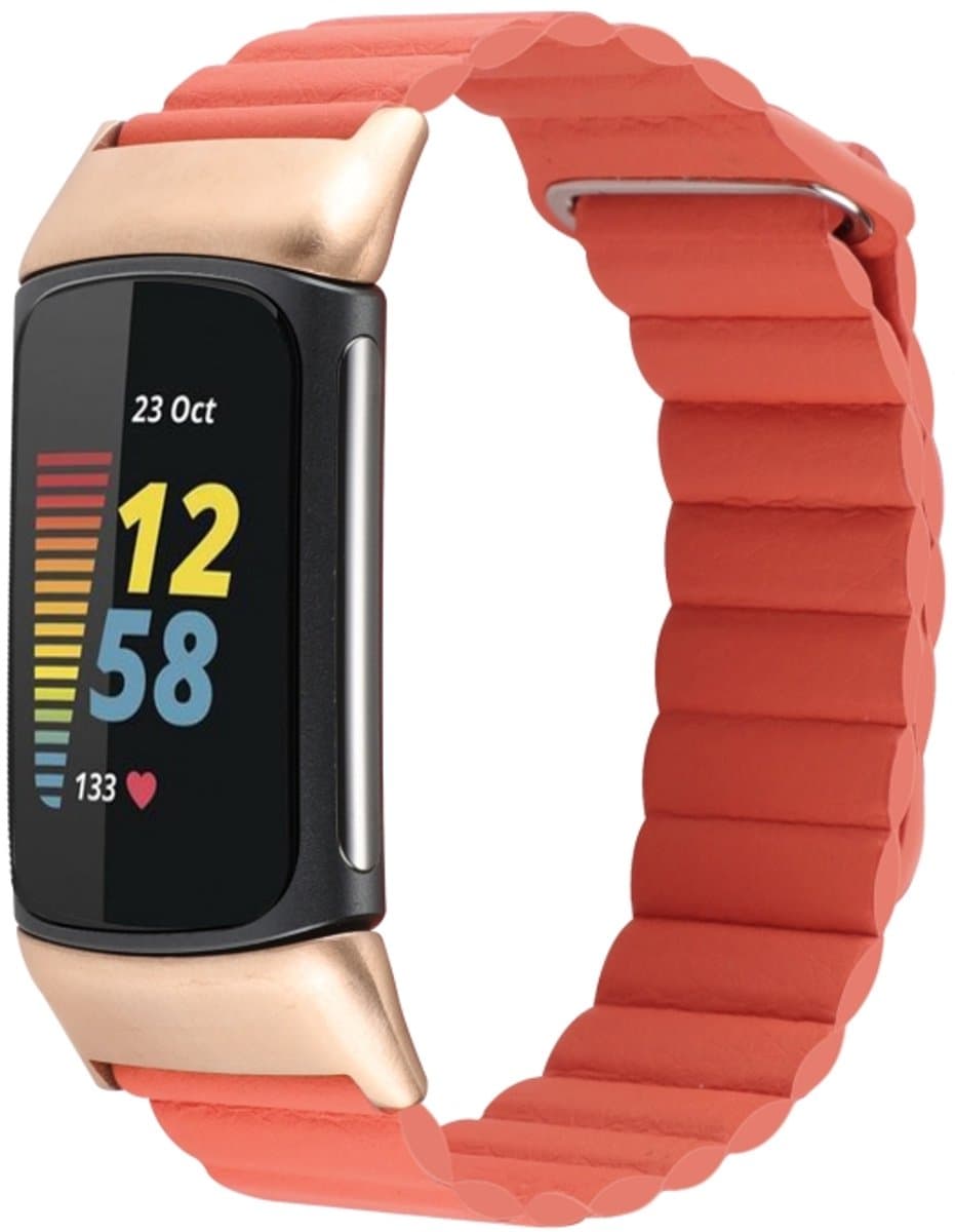 Voor Fitbit Charge 5 lederen horlogeband met magnetische lus (oranje)